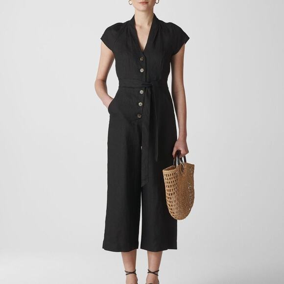 Whistles Size 0 Linen Wide Leg Cropped Black Button Belted Jumpsuit